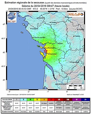 Shakemap du séisme de La Rochelle survenu le 28 avril 2016 (BCSF-RéNaSS)